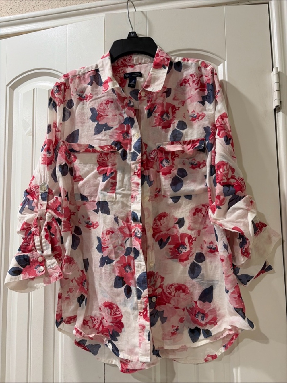 Gap White Button-Down Shirt with Pink & Navy Floral Print